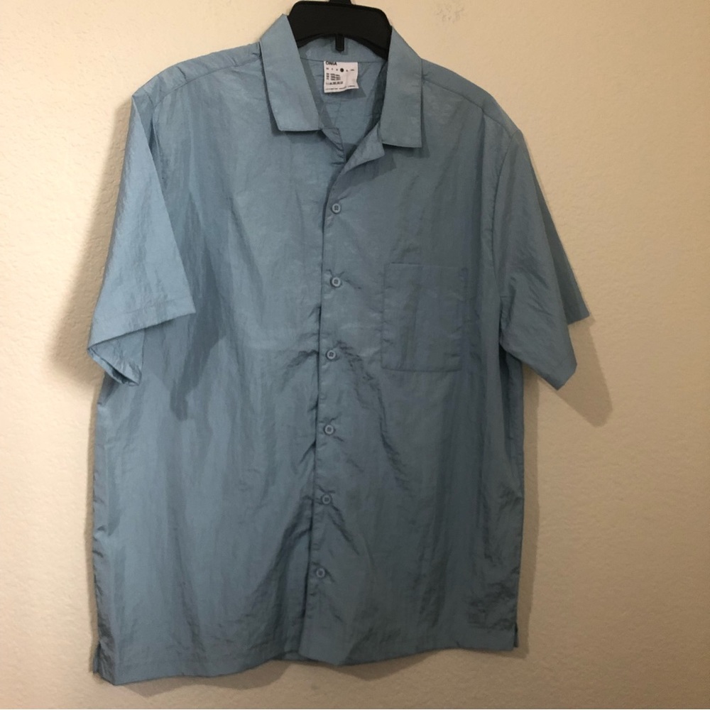 ONIA Mens Large Blue Short Sleeve Shirt Casual Crinkle Nylon Camp Shirt NWOT